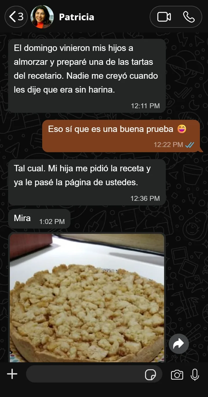 Mensaje de Patricia sobre una tarta del recetario